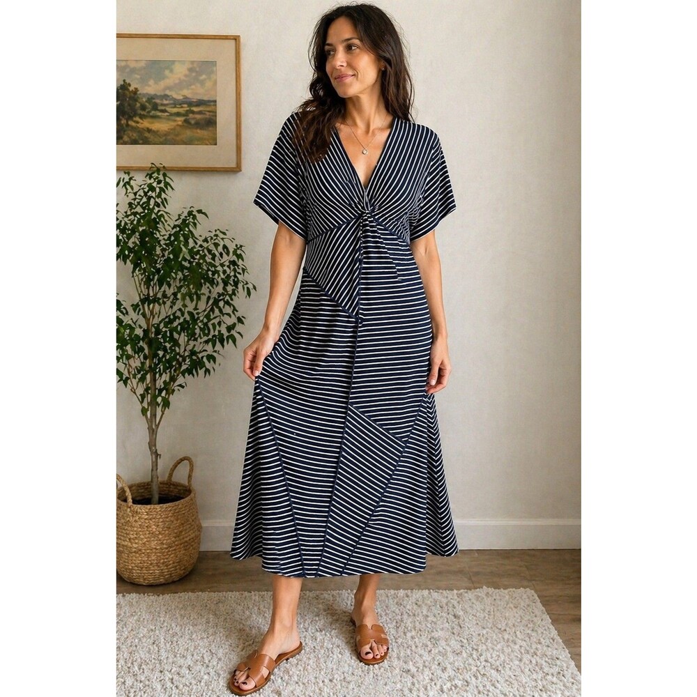 R.G. Kane Midi Dress Twist Front Stripped Size Small Short Sleeve Asymmetrical